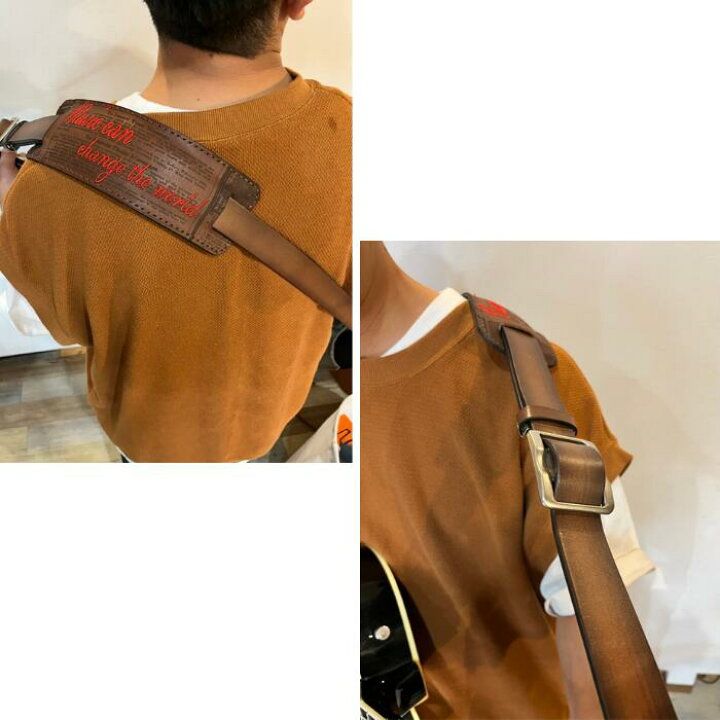 楽天市場】栃木レザー ギターストラップ 英字新聞柄 肩当て 刺繍文字  