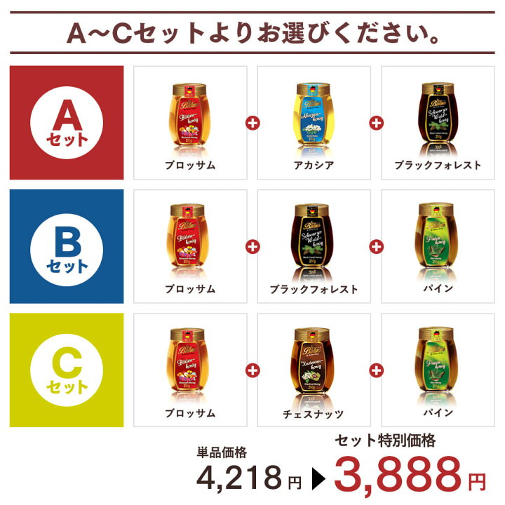楽天市場】ギフト【送料無料】お得セット 選べる ドイツ産はちみつ 250g×3種セット バリム ブロッサムハニー アカシアハニー ブラックフォレスト ハニー パインハニー チェスナッツハニー プレゼント 百花蜜 Balim 蜂蜜 ハチミツ ハニーデュー 甘露蜜 : スーパーフード ... 楽天市場】ギフト【送料無料】お得セット 選べる ドイツ産はちみつ 250g×3種セット バリム ブロッサムハニー アカシアハニー ブラックフォレスト ハニー パインハニー チェスナッツハニー プレゼント 百花蜜 Balim 蜂蜜 ハチミツ ハニーデュー 甘露蜜 : スーパーフード ...
