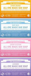 Dr.Bronner's ドクターブロナー マジックソープバーセット オーガニック 固形せっけん 140g x 4個 シトラスオレンジ / ベビーマイルド / ラベンダー / チェリーブロッサム 469