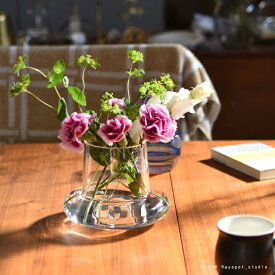 花瓶 おしゃれ 北欧卓上に使いやすい背の低い花瓶 クリア・グレーLサイズ 直径15cm×高さ11.5cmフラワーベース 花束 生け花 花器 モダンpond ポンド
