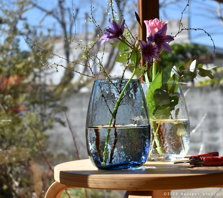 未使用)花瓶フラワー立てブルーグリーンガラス 