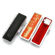 印鑑ケース【銀枠】12.5mm-15mm用 黒（朱肉付き) 内側：朱竹模様 [印鑑 ケース はんこケース ハンコケー…
