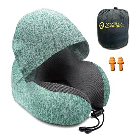 色：グリーン サイズ：M [WELL ORIGIN] ネックピロー フード付き 低反発 寝顔を隠せる 首枕 収納袋付き 飛行機 旅行 車 洗える 昼寝 (グリーン)