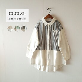 [ m.m.o. ] コットン ストライプ シャツ チュニック レディース トップス シャツ ブラウス 前開き 羽織り 服 春 春夏 新作 長袖 ゆったり 綿100 インド綿 大人 ナチュラル オフィス カジュアル おしゃれ コーデ 黒 モカ グリーン ブラック M L エムエムオー 春夏新作 2024SS