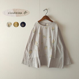 [ cloud nine ] 綿麻 ミモザ刺繍 レイヤード風 ブラウス レディース トップス 服 シャツ ブラウス 春 春夏 新作 コットンリネン　綿 麻 ミモザ 大人 ナチュラル カジュアル オフィス おしゃれ コーデ 重ね着 M L キナリ ネイビー クラウドナイン 春夏新作 2024SS