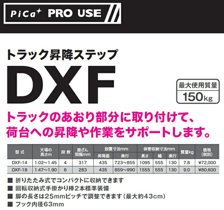 楽天市場】【即納!送料無料】ピカ(Pica)トラック昇降ステップ DXF-14 踏み段数:4段 最大使用質量:150kg 荷台への昇降作業がラクラク。折りたたみ式でコンパクトに収納。脚の長さは25mmピッチで調整。下ろした状態のあおりにも取り付けが可能。トラック用踏み台 ... 楽天市場】【即納!送料無料】ピカ(Pica)トラック昇降ステップ DXF-14 踏み段数:4段 最大使用質量:150kg 荷台への昇降作業がラクラク。折りたたみ式でコンパクトに収納。脚の長さは25mmピッチで調整。下ろした状態のあおりにも取り付けが可能。トラック用踏み台 ...