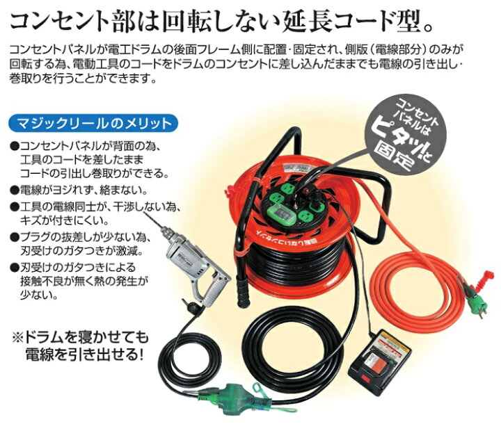 楽天市場 在庫あり 送料無料 日動工業 マジックびっくリール Rz Eb30s アース付 ブレーカー付 30m 3芯 Ac100v コードリール 延長コード型ドラム 電工ドラム 高所 狭所作業に最適 作業場所が狭い時に大変便利 ワイズファクトリー 楽天市場店