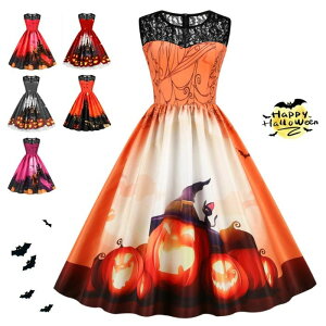 かぼちゃ ドレス ハロウィン衣装 レディース ワンピース ノースリーブ 薄手 レース 切り替え Aライン 鮮やか コスチューム コスプレ衣装 コス用 cosplay ハロウィン パーティー イベント 舞台