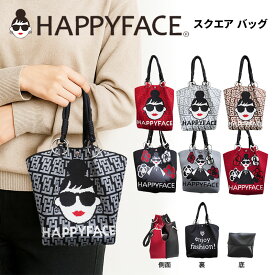 HAPPYFACE ハッピーフェイス スクエア バッグ トート ミニバッグ ピコニット モノグラム ロゴアイコン ブラック グレー レッド ブラウン マグネット開閉 軽量 自立 きちんと感 通勤 通学 仕事 会社 休日 お出かけ 旅行 デイリー 長財布OK スマホ ポーチ 収納 スクエア型