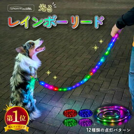 [楽天1位] 光る レインボーリード 犬 ドッグ リード 紐 光るリード LED 光る ライト ペット リード 光 虹色 6色 LED 点灯 点滅 蛍光 USB 充電 充電式 夜間 散歩 安全 防犯 事故防止 小型犬 中型犬 大型犬 おしゃれ かわいい ピカピカ 夜の散歩 夜散歩 イルミネーション