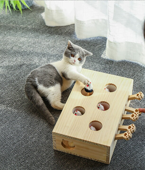 楽天市場 猫 おもちゃ 木製 モグラ叩き もぐら ネズミ 猫じゃらし ねこじゃらし 猫遊び ねこ ネコ 知育 玩具 運動不足 ストレス解消 ダイエット 木箱 ハピポート 楽天市場店