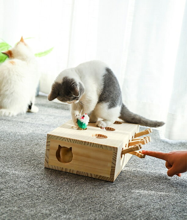 楽天市場 猫 おもちゃ 木製 モグラ叩き もぐら ネズミ 猫じゃらし ねこじゃらし 猫遊び ねこ ネコ 知育 玩具 運動不足 ストレス解消 ダイエット 木箱 ハピポート 楽天市場店