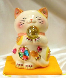 招き猫 デコレーション キラキラ 置物 おしゃれ かわいい　ハッピーキャット招き猫 ラインストーンのデコレーションがかわいい♪風水招き猫（貯金箱）：Mサイズ：イエロー商売繁盛 開店祝い 合格祈願 御祝 内祝 縁起物 【HLS_DU】