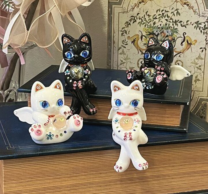 ラインストーン 黒 招き猫 置物 招き猫 置物 貯金箱 手長小判猫 黒 左手