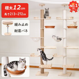 【楽天1位】キャットタワー 突っ張り 木製 短足猫 省スベース シニア 据え置き 猫タワー 大型猫 中型 おしゃれ 木製 宇宙船 隠れ家 爪とぎ 多頭飼い 運動不足解消 麻紐 コットン紐 クリアボウル猫ベッド コンパクト 天井213～262cm