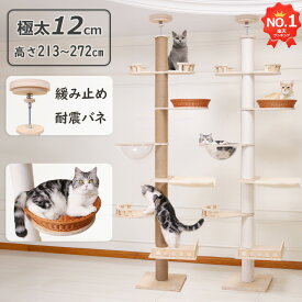 【楽天1位】キャットタワー 突っ張り 木製 短足猫 省スベース シニア 据え置き 猫タワー 大型猫 中型 おしゃれ 木製 宇宙船 隠れ家 爪とぎ 多頭飼い 運動不足解消 麻紐 コットン紐 クリアボウル猫ベッド コンパクト 天井213～262cm