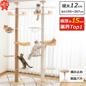 【6段タイプ・板厚み15mm】あす楽 キャットタワー 突っ張り 木製 大型猫 スリム 木登り 多頭飼い キャットツリー シニア 極太 猫タワー 滑り止めマット付き 大き目ステップ おしゃれ 省スベース 宇宙船 爪とぎ 高さ195~267cm 麻紐 コットン紐 インテリア