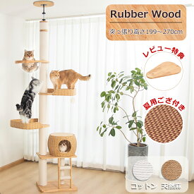 【2000円OFF⇒16800円】 キャットタワー 突っ張り 木製 極太 ＼涼しいゴザ付き／ 大型猫 おしゃれ 夏用 天然木 隠れ家 インテリア性 多頭飼い スリム 猫ハウス 見晴台 猫タワー 省スペース 宇宙船 クリアボウル クッション 爪研ぎポール コットン紐 安定 運動不足解消 麻紐