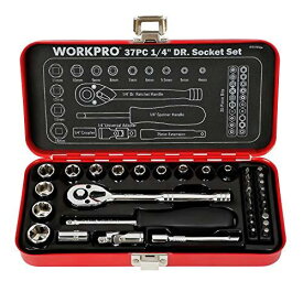 WORKPRO ソケットレンチセット ガレージツールセット ラチェットレンチ 差込角6.35mm（1/4インチ） クイックリリースラチェットハンドル 工具 道具 セット 37点組【鉄製ケース付属】