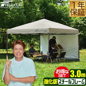 ワンタッチタープテント サイドシート1枚付 横幕セット 3m×3m スチール 強化版フレーム テント タープ 300 3.0m ワンタッチ ワンタッチテント ワンタッチタープ 大型 UV加工 撥水 ベンチレーション 日よけ イベント アウトドア FIELDOOR ●[送料無料]