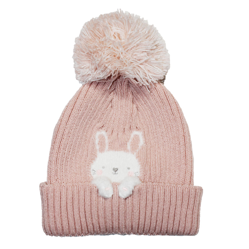 ベビー 冬用帽子 ニット帽 ポンポン付き ウサギ ピンク 46 48 50 - 帽子