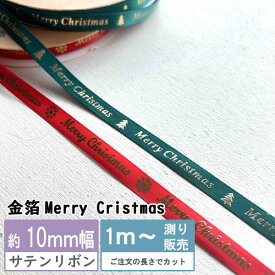 サテンリボン 金箔Merry Christmas [1mり売り]クリスマスリボン 10mm　ホログラム