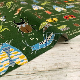 【50cm単位】【2mまでメール便対応】コットン 昆虫 虫 緑 灰色 紺 生地 日本製 布 綿100% プリント 男の子