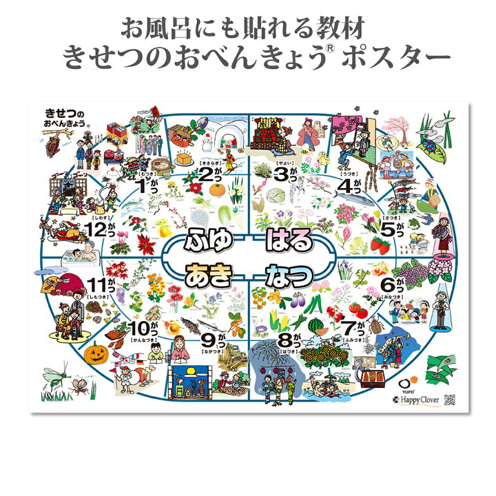 楽天市場 ポスト投函送料無料 お風呂に貼れる 登録商標 学習ポスター きせつのおべんきょう R 掲載情報量no 1 小学校受験問題に特化した商標登録ポスター 季節表 知育教材 ポスター 季節 八つ折り発送 お受験用品 ハッピークローバー