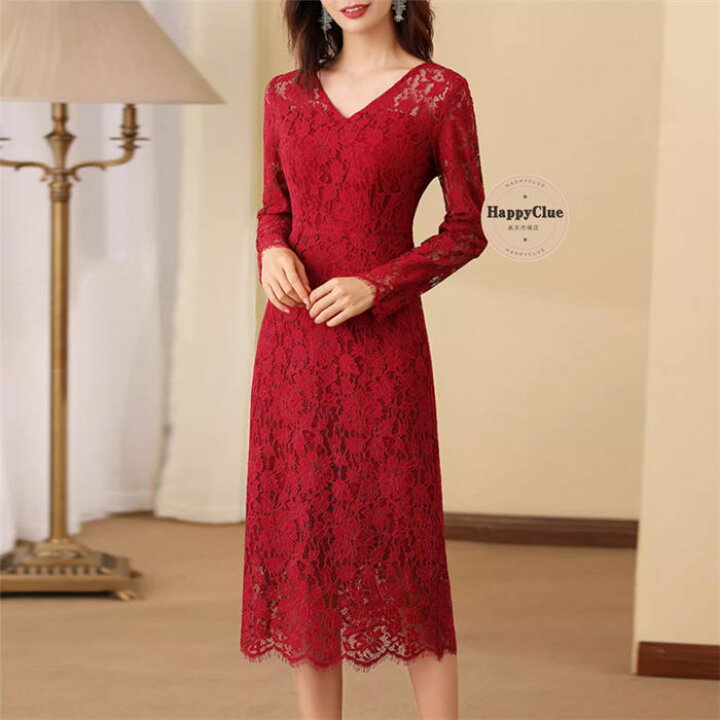 楽天市場】レースワンピース きれいめ 赤 フェミニン Vネック  