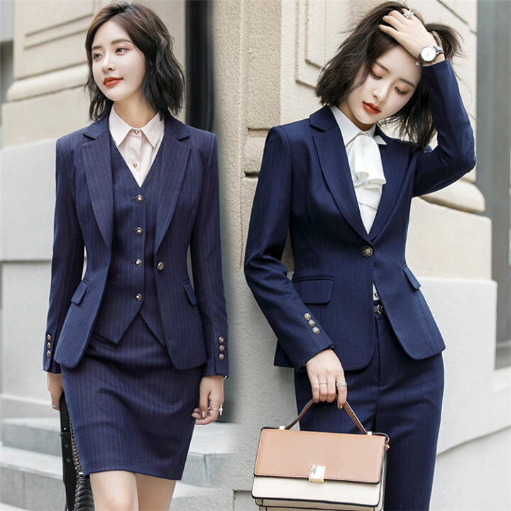 楽天市場 スリーピース ビジネス パンツスーツ スカートスーツ 事務服 レディース 上品 キャリア リクルートスーツ Olオフィス 通勤 就活 面接 入社 フォマール 卒業式 入学式 代30代40代50代 大きいサイズ きれいめ ストライプ パープル ネイビー 紺色 グレー
