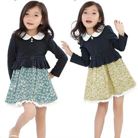 キッズ ワンピース 女の子 春秋 長袖 ネイビー/ブルー/ベージュ 100-140cm 子供服 女の子 ワンピース きれいめ 子ども ワンピース キッズワンピース 通園 通学 子供ワンピース 子ども服 こども服 ワンピース キッズ
