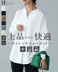 [メール便で送料無料]キレイとラクがこの1枚で。梨地スキッパーブラウス/ブラウス シャツ スキッパ— トップス レディース チュニック ジョーゼット 体型カバー 長袖[メール便可(1点まで)][M便 1/1]