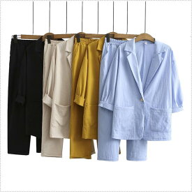 リネン パンツセット スーツ セットアップ レディース 春 夏 秋 大きいサイズ ツーピース 2点セット 上下セット ジャケット イージーパンツ カジュアルスーツ 送料無料 個性的 7分袖 9分丈パンツ オフィスカジュアル