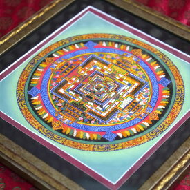 タンカ職人肉筆　手書きのチベタン タンカ 額装250角 カーラチャクラ(時輪タントラ)1点物/密教 アジアン雑貨