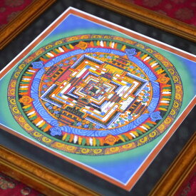 タンカ職人肉筆　手書きのチベタン タンカ 額装250角 カーラチャクラ(時輪タントラ)1点物/密教 アジアン雑貨