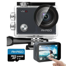 AKASO アクションカメラ V50X,4K30FPS 20MP 64GB MICROSDメモリーカード付き 新版6軸手ぶれ補正 4Xズーム WIFI対応 小型アクションカム 30M防水 タッチスクリーン式 ウェアラブルカメラ HDMI出力