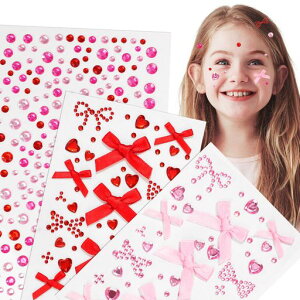 3枚セットラインストーンシールピンク赤リボンステッカー3Dキラキラ顔シールフェイスステッカーカラフルアイメイクネイルパーツ舞台化粧接着剤不要貼り付け可能携帯装飾DIYピンセット…