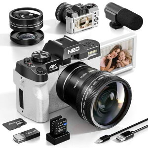 NBD4K4800万画素・60FPSデジタルカメラ【マクロ+広角レンズ・WiFiアプリ制御】16倍ズームAF機能付き一眼レフカメラ|LEDフラッシュ&ウェブカメラ機能|32GBmicroSDカード&2個のバッテリー付属(ホワ…