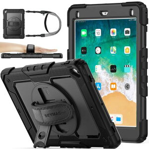 SEYMAC stock iPad 6����/5����/Pro 9.7/Air2 9.7�C���`��p�P�[�X �ϏՌ� �ی�t�B�����t�� �y�����[ 360°��]�X�^���h �n���h�X�g���b�v �V�����_�[�X�g���b�v �S�ʕی�J�o�[(�u���b�N)
