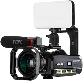 ORDRO AC3 4KカムコーダーデジタルズームビデオカメラVLOGレコーダー、指向性マイク付き、37MM 0.39X HD広角レンズ、レンズフード、LEDビデオライト、折りたたみ式ハンドヘルドスタビライザー