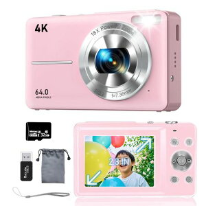 デジカメ【4K動画撮影、6400万画素】デジタルカメラ32GBMicroSDカード付きAFオートフォーカスコンパクトカメラ2.8インチの大画面18倍ズームフラッシュ手振れ補正機能を備えていますウェブカ…