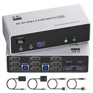 DisplayportKVM�ؑ֊�2����3�o�́A8K@60Hz/4K@120Hz�A�~���[/�g�����[�h3��USB3.0�|�[�g�AKVM�X�C�b�`PC2��A���j�^�[3�䋤�L�A�L�[�{�[�h�}�E�X��2PC�ŋ��L�A�n���h�w���h�X�C�b�`��USB