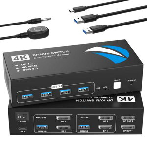 KVM�X�C�b�` DisplayPort 2����2�o�� 4K@60Hz KVM �ؑ֊� �p�\�R��2�䃂�j�^�[2��؂�ւ� 5Gbps USB �؂�ւ���