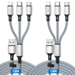 3in1�[�d�P�[�u��1.8m�y2�{�Z�b�g�z�}���[�d3AiPhone/MicroUSB/Type-C/Lightning�Ή��}���`USB�P�[�u���X�}�z�^�u���b�g�����[�d