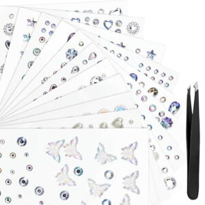 12枚セットラインストーンシール3Dキラキラ顔シールフェイスステッカーカラフルアイメイクネイルパーツ舞台化粧接着剤不要貼り付け可能携帯装飾DIYピンセット付き