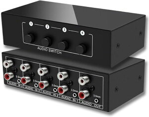 Kicucn3.5mmステレオーディオスピーカーセレクター+RCAL/Rオーディオスイッチャー、1入力4出力または4入力1出力をサポートしており、4ポートAUXオーディオスピーカーセレクターです