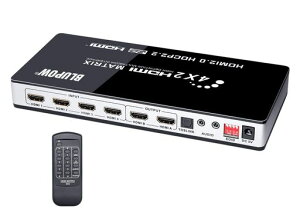 BLUPOW HDMI�}�g���b�N�X �Z���N�^�[ 4����2�o�� + ��������(���f�W�^���E3.5mm�X�e���I�����o��) �قȂ�𑜓x�o�͉\�E�_�E���X�P�[���@�\���� HDMI�ؑ֕��z�� �X�v���b�^�[