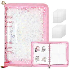 Refoinerシール帳透明A56穴バインダー手帳シールトレカケース大きめトレカ収納星柄トレカファイル両面収納リフィル20枚入り160枚収納推し活グッズ持ち運びが簡単収集整理展示用(ピンク)