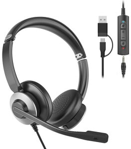 ヘッドセット有線マイク付きイヤホン3.5mm/USB-A/USB-C対応ノイズキャンセリング搭載ステレオ音声音量調節・ミュート機能付き軽量で快適オンライン会議/テレワーク/仕事用ブラックグレー