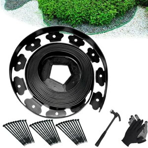 YUNHEガーデンエッジフェンス土留め園芸シート土留めフェンスシート花壇芝生根止めガーデニングDIY裁断可能土と芝の根境界線の分割庭のデザイン30本の固定釘ハンマー手袋付属取り付け…